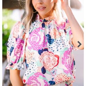 The Mint Floral Blouse Pink Blue Pastel Retro Mod Flower Print Size S